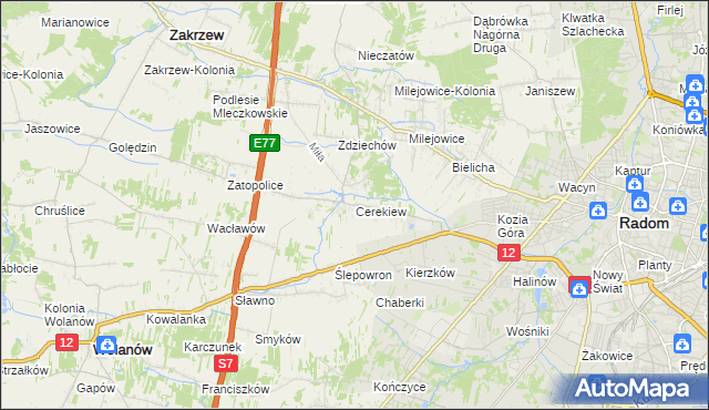 mapa Cerekiew gmina Zakrzew, Cerekiew gmina Zakrzew na mapie Targeo