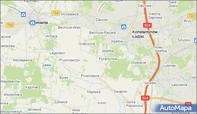 mapa Florentynów gmina Lutomiersk, Florentynów gmina Lutomiersk na mapie Targeo