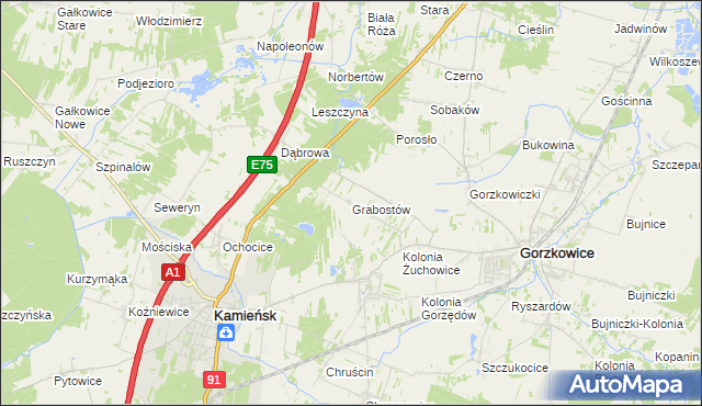 mapa Grabostów gmina Gorzkowice, Grabostów gmina Gorzkowice na mapie Targeo