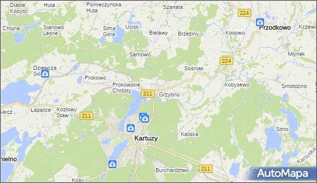mapa Grzybno gmina Kartuzy, Grzybno gmina Kartuzy na mapie Targeo
