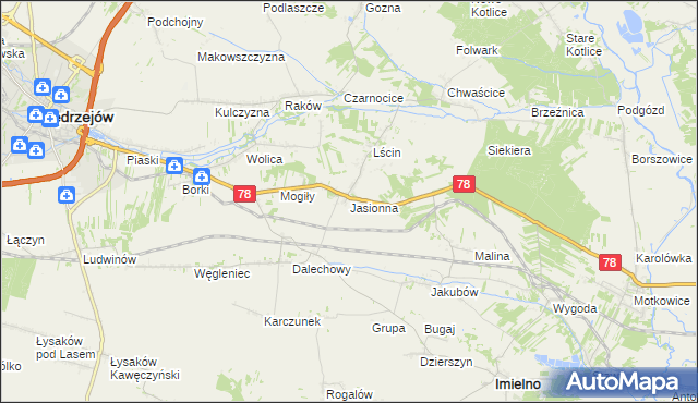 mapa Jasionna gmina Jędrzejów, Jasionna gmina Jędrzejów na mapie Targeo
