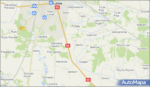 mapa Jeziory gmina Łuków, Jeziory gmina Łuków na mapie Targeo