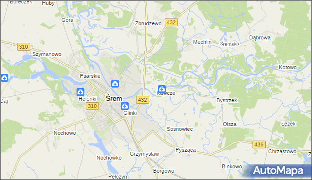 mapa Kawcze gmina Śrem, Kawcze gmina Śrem na mapie Targeo