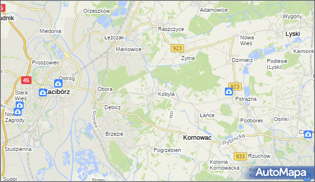 mapa Kobyla gmina Kornowac, Kobyla gmina Kornowac na mapie Targeo
