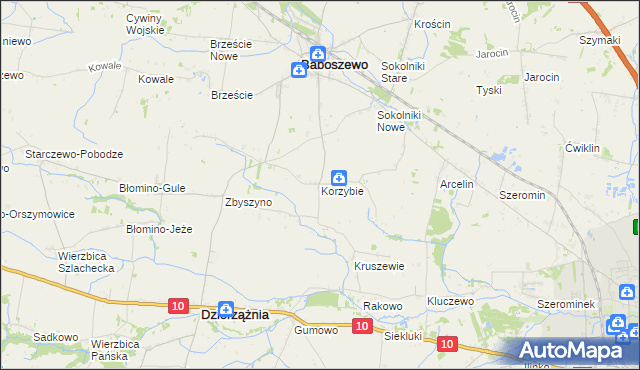 mapa Korzybie gmina Baboszewo, Korzybie gmina Baboszewo na mapie Targeo