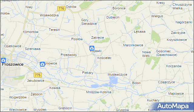 mapa Kościelec gmina Proszowice, Kościelec gmina Proszowice na mapie Targeo