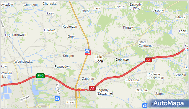 mapa Lisia Góra powiat tarnowski, Lisia Góra powiat tarnowski na mapie Targeo