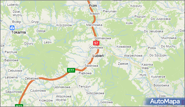 mapa Lubień powiat myślenicki, Lubień powiat myślenicki na mapie Targeo