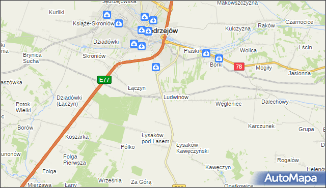mapa Ludwinów gmina Jędrzejów, Ludwinów gmina Jędrzejów na mapie Targeo