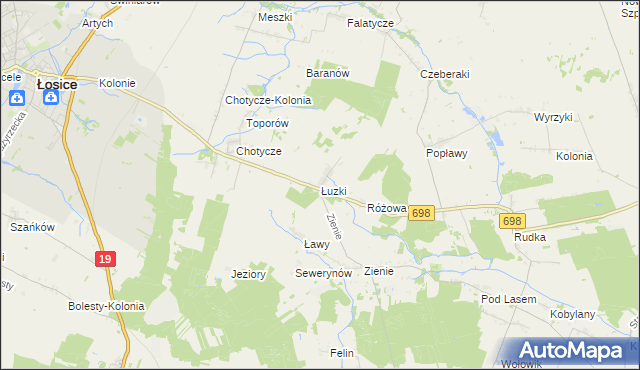 mapa Łuzki gmina Łosice, Łuzki gmina Łosice na mapie Targeo