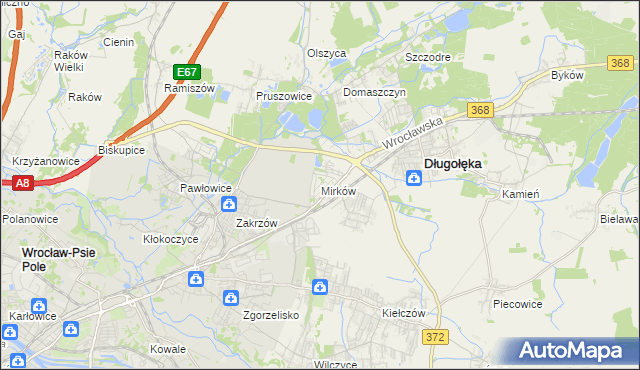 mapa Mirków gmina Długołęka, Mirków gmina Długołęka na mapie Targeo