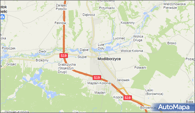 mapa Modliborzyce powiat janowski, Modliborzyce powiat janowski na mapie Targeo