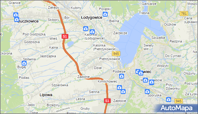 mapa Pietrzykowice gmina Łodygowice, Pietrzykowice gmina Łodygowice na mapie Targeo