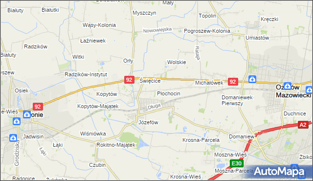 mapa Płochocin gmina Ożarów Mazowiecki, Płochocin gmina Ożarów Mazowiecki na mapie Targeo