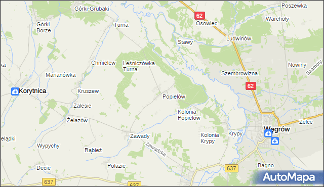 mapa Popielów gmina Liw, Popielów gmina Liw na mapie Targeo