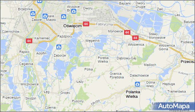mapa Poręba Wielka gmina Oświęcim, Poręba Wielka gmina Oświęcim na mapie Targeo