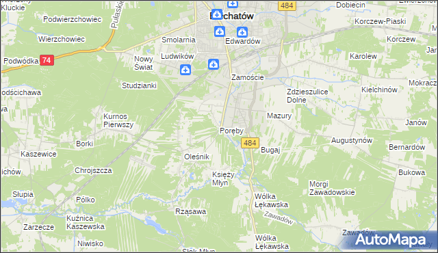 mapa Poręby gmina Bełchatów, Poręby gmina Bełchatów na mapie Targeo