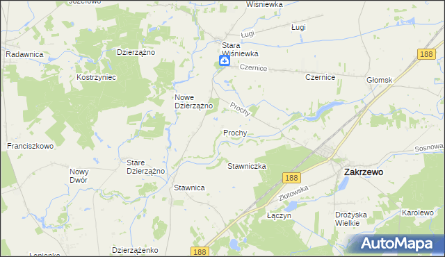 mapa Prochy gmina Zakrzewo, Prochy gmina Zakrzewo na mapie Targeo
