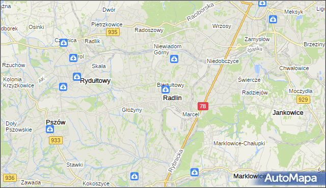 mapa Radlin powiat wodzisławski, Radlin powiat wodzisławski na mapie Targeo