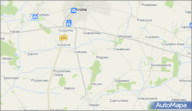 mapa Rogowo gmina Krobia, Rogowo gmina Krobia na mapie Targeo