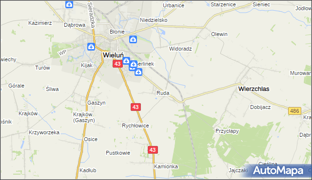mapa Ruda gmina Wieluń, Ruda gmina Wieluń na mapie Targeo