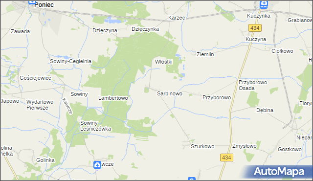 mapa Sarbinowo gmina Poniec, Sarbinowo gmina Poniec na mapie Targeo