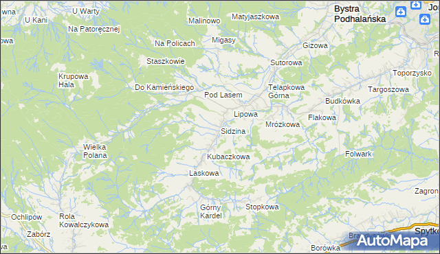 mapa Sidzina gmina Bystra-Sidzina, Sidzina gmina Bystra-Sidzina na mapie Targeo