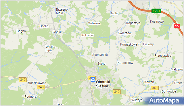 mapa Siemianice gmina Oborniki Śląskie, Siemianice gmina Oborniki Śląskie na mapie Targeo