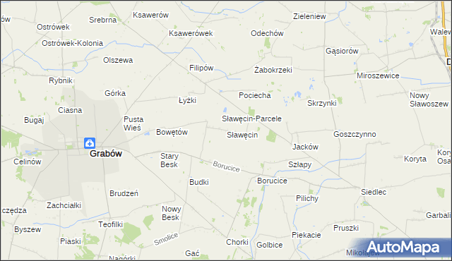 mapa Sławęcin gmina Grabów, Sławęcin gmina Grabów na mapie Targeo
