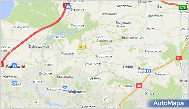 mapa Strzyżowice gmina Psary, Strzyżowice gmina Psary na mapie Targeo