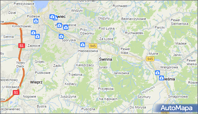 mapa Świnna powiat żywiecki, Świnna powiat żywiecki na mapie Targeo