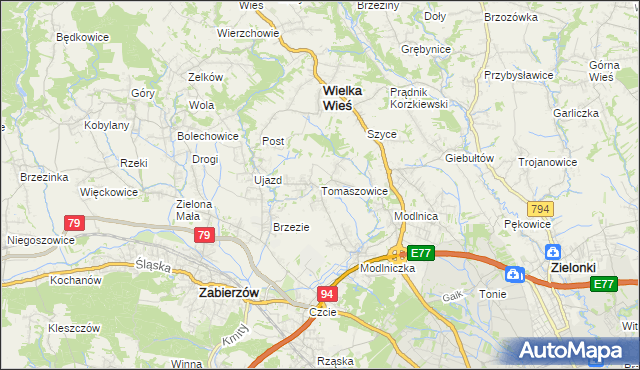 mapa Tomaszowice gmina Wielka Wieś, Tomaszowice gmina Wielka Wieś na mapie Targeo