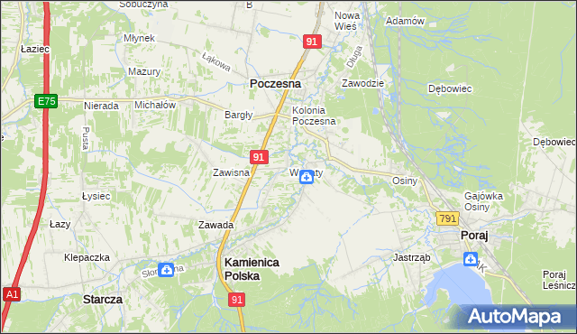 mapa Wanaty gmina Kamienica Polska, Wanaty gmina Kamienica Polska na mapie Targeo