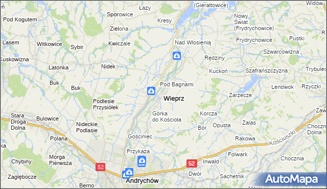 mapa Wieprz powiat wadowicki, Wieprz powiat wadowicki na mapie Targeo