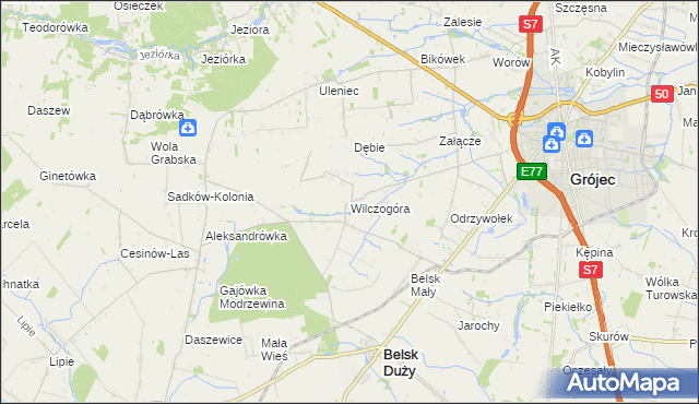 mapa Wilczogóra gmina Belsk Duży, Wilczogóra gmina Belsk Duży na mapie Targeo