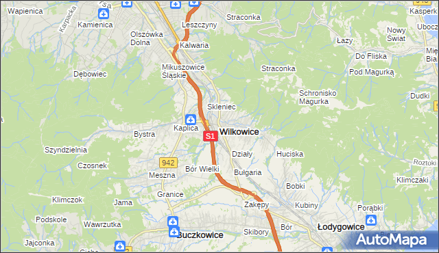 mapa Wilkowice powiat bielski, Wilkowice powiat bielski na mapie Targeo