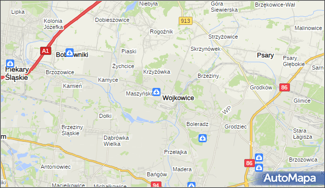 mapa Wojkowice powiat będziński, Wojkowice powiat będziński na mapie Targeo