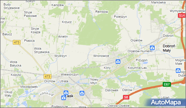 mapa Wronowice gmina Łask, Wronowice gmina Łask na mapie Targeo