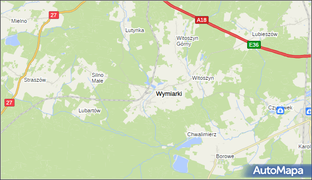 mapa Wymiarki powiat żagański, Wymiarki powiat żagański na mapie Targeo