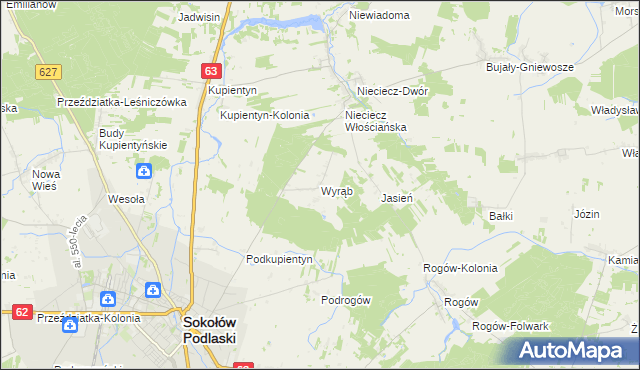 mapa Wyrąb gmina Sokołów Podlaski, Wyrąb gmina Sokołów Podlaski na mapie Targeo