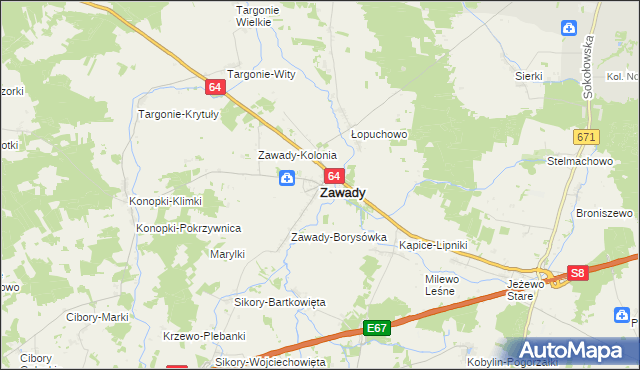 mapa Zawady powiat białostocki, Zawady powiat białostocki na mapie Targeo