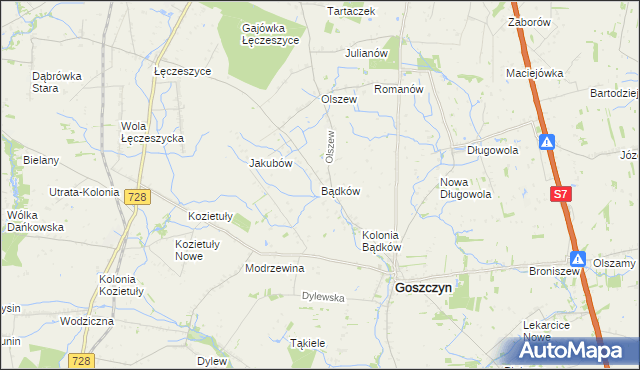 mapa Bądków gmina Goszczyn, Bądków gmina Goszczyn na mapie Targeo