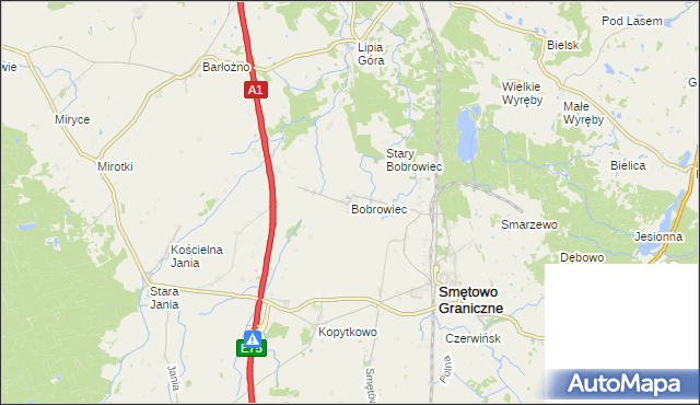 mapa Bobrowiec gmina Smętowo Graniczne, Bobrowiec gmina Smętowo Graniczne na mapie Targeo