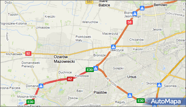 mapa Bronisze gmina Ożarów Mazowiecki, Bronisze gmina Ożarów Mazowiecki na mapie Targeo