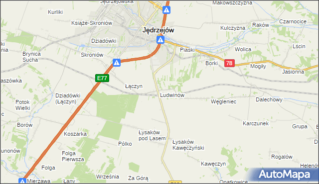 mapa Ludwinów gmina Jędrzejów, Ludwinów gmina Jędrzejów na mapie Targeo