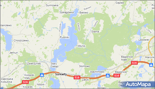 mapa Młynik gmina Sorkwity, Młynik gmina Sorkwity na mapie Targeo