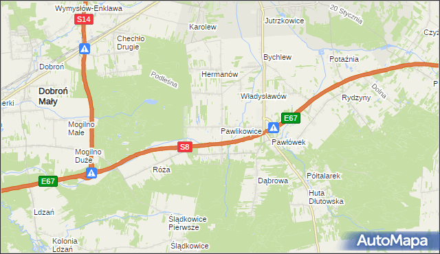 mapa Pawlikowice gmina Pabianice, Pawlikowice gmina Pabianice na mapie Targeo