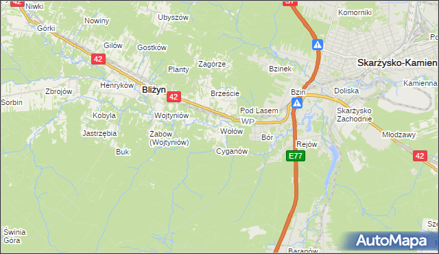 mapa Wołów gmina Bliżyn, Wołów gmina Bliżyn na mapie Targeo