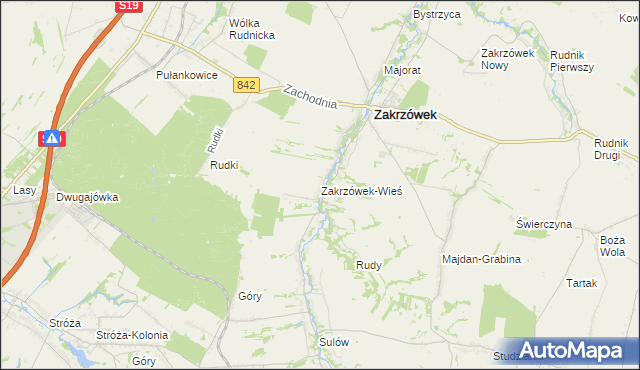 mapa Zakrzówek-Wieś gmina Zakrzówek, Zakrzówek-Wieś gmina Zakrzówek na mapie Targeo