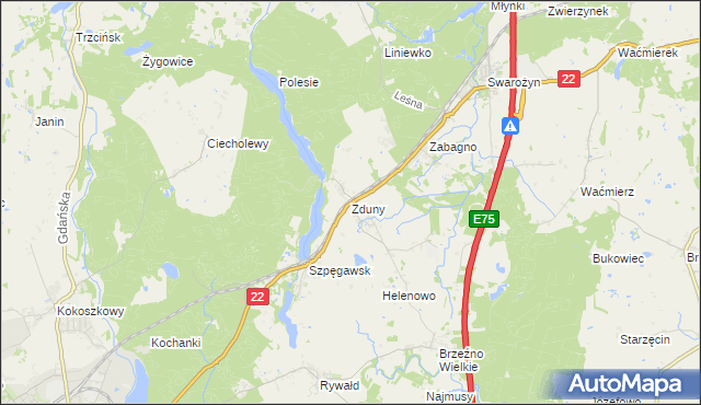 mapa Zduny gmina Starogard Gdański, Zduny gmina Starogard Gdański na mapie Targeo